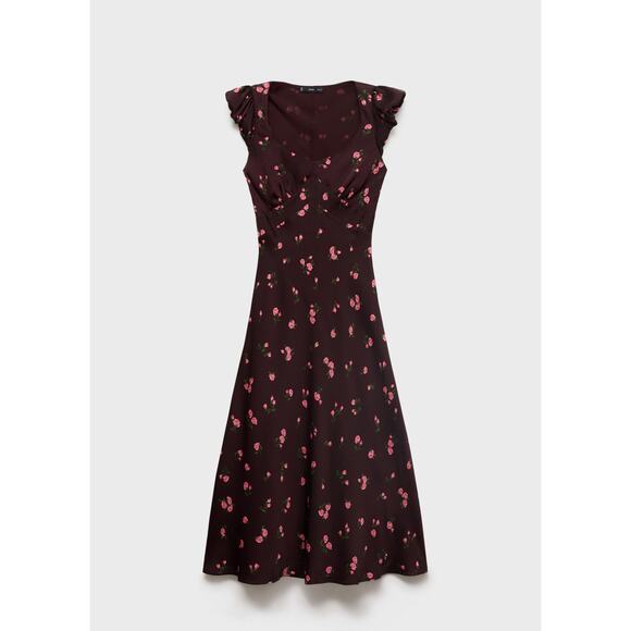 Mango Short-sleeved Floral Midi Dress - 2 - Brown - Picture 1 of 8